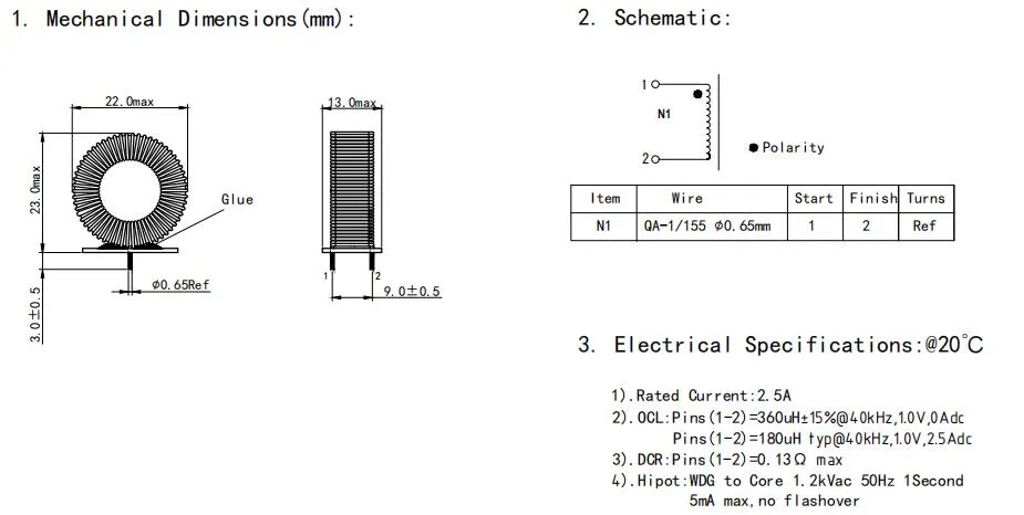 2.5A PCB 모터 컨트롤러용 등급 전류 입력 일반 모드 질식 인듀서