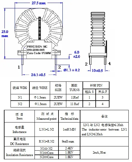 수평 및 수직형 일반 모드 질식 인덕터 유효